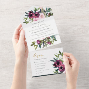 BLUSH BURGUNDY FLORAL BUNCH WATERCOLOR WEDDING ALL IN ONE INVITATION