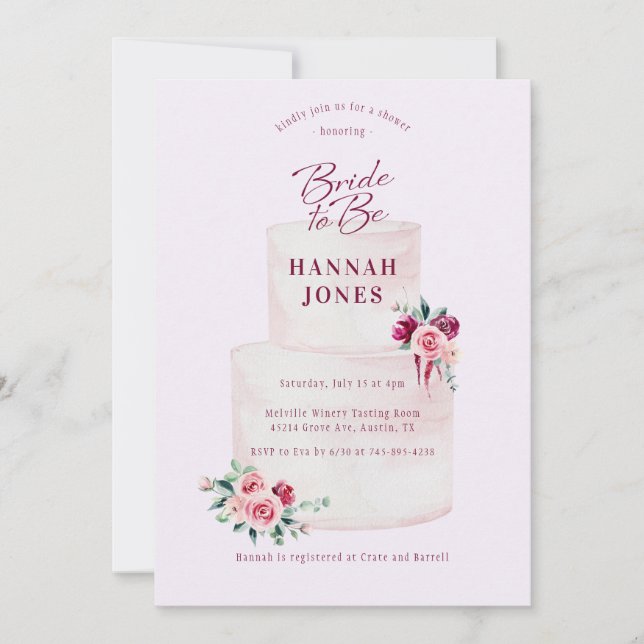 Blush Burgundy Floral Cake Bridal Shower Invitation (Front)