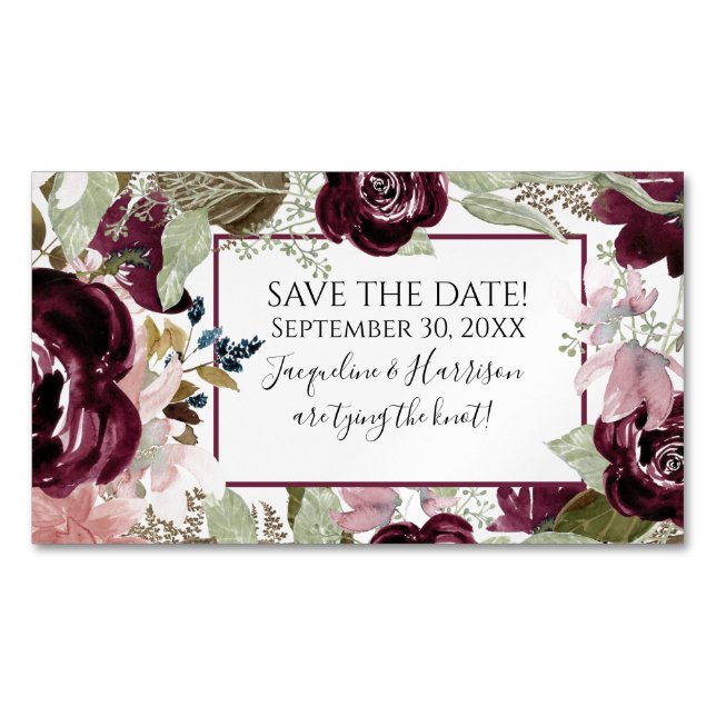 Blush Burgundy Floral Elegant Foliage Save Date Magnetic Business Card (Front)