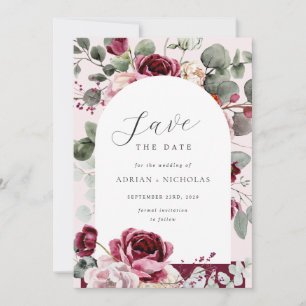 Blush & Burgundy Floral Eucalyptus Sprigs Wedding  Save The Date