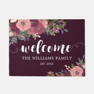 Blush Burgundy Floral Family Name Welcome Doormat