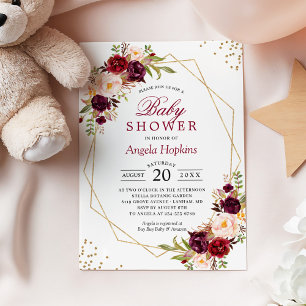 Blush Burgundy Floral Gold Frame Baby Shower Invitation