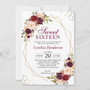 Blush Burgundy Floral Gold Frame Sweet Sixteen 16 Invitation