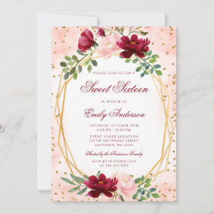 Blush Burgundy Floral Gold Geometric Sweet 16 Invitation