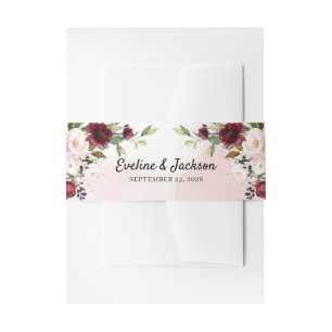 Blush burgundy floral gold greenery wedding invitation belly band