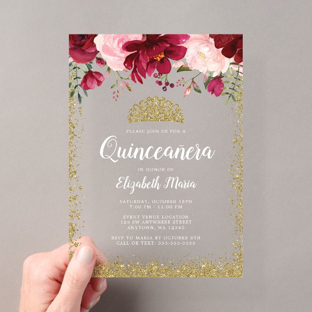 Blush Burgundy Floral Gold Tiara Quinceanera Acrylic Invitations (Insitu (Handheld))