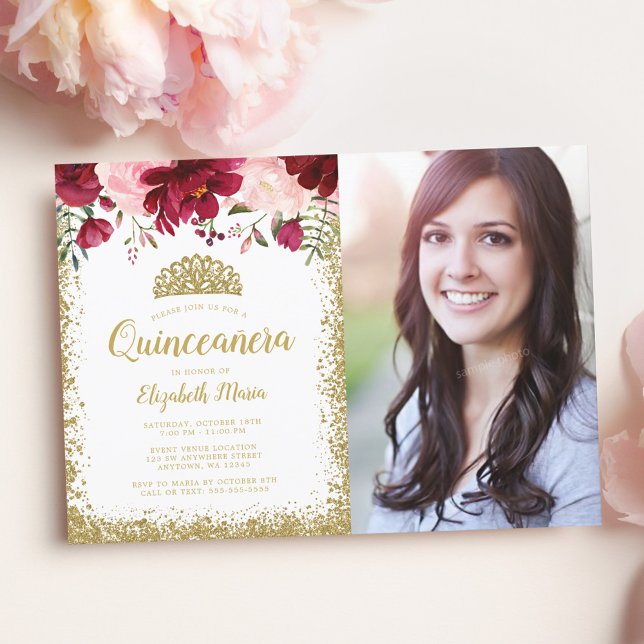 Blush Burgundy Floral Gold Tiara Quinceanera Photo Invitation (Creator Uploaded)