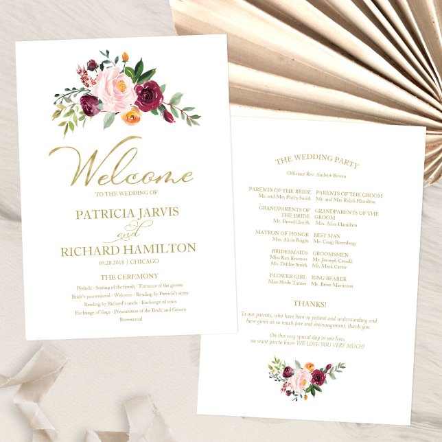 Blush Burgundy Floral Gold Wedding Program (Creator Uploaded)