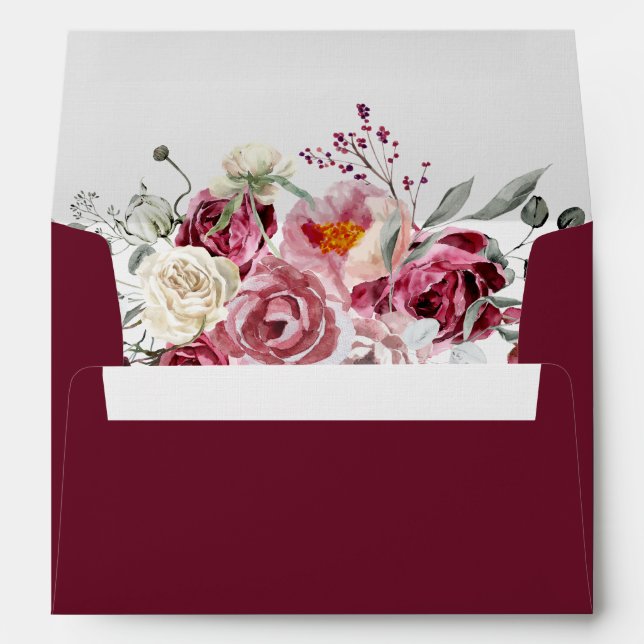 Blush & Burgundy Floral Inset Burgundy Linen Envelope (Back (Bottom))