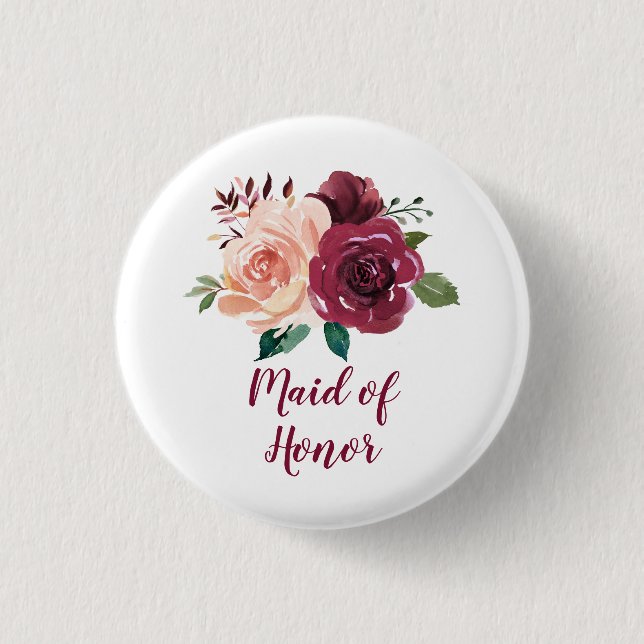 Blush Burgundy Floral Maid Of Honour 1 Inch Round Button (Front)