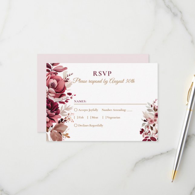 Blush Burgundy Floral Modern Wedding RSVP Card (Front/Back In Situ)