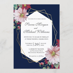 Blush Burgundy Floral Navy Gold Geometric Wedding Invitation