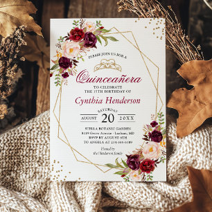Blush Burgundy Floral Quinceañera 15th Birthday Invitation