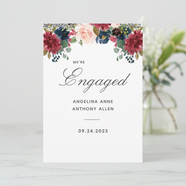 Blush Burgundy Floral Rose Gold Accents Engagement Invitation (Standing Front)