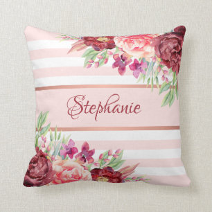 Blush Burgundy Floral Stripes Name Monogram Throw Pillow
