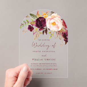 Blush Burgundy Floral Wedding   Acrylic Invitations