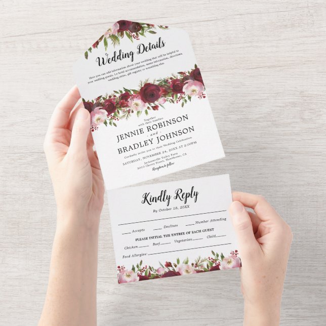 Blush Burgundy Floral Wedding All In One Invitation (Tearaway)