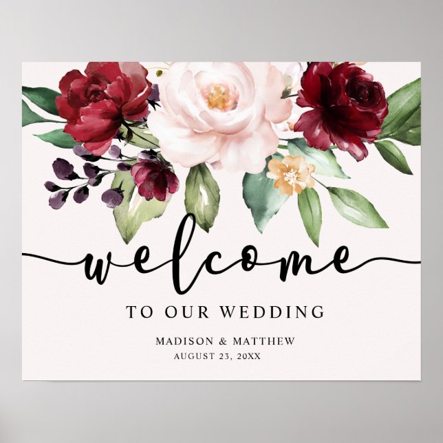 Blush Burgundy Floral Welcome Wedding Sign (Front)