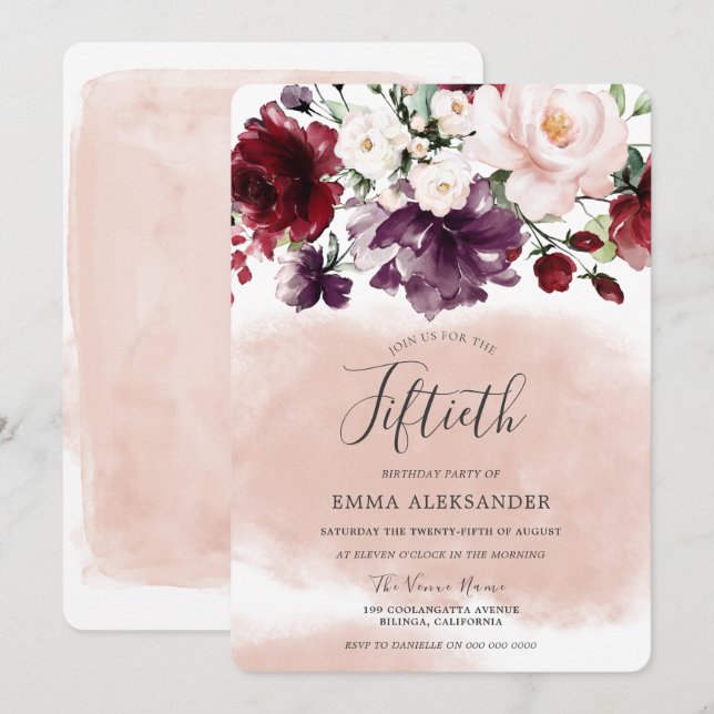 Blush Burgundy Floral Womans 50th Birthday Party Invitation (Front/Back)