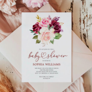 Blush Burgundy Flowers Baby Shower Invitation