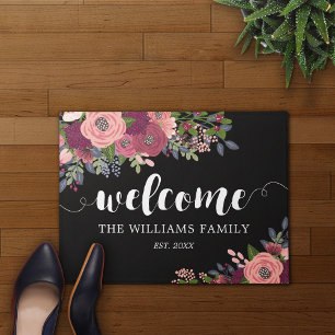 Blush & Burgundy Flowers Black Family Name Welcome Doormat