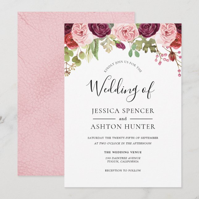 Blush & Burgundy Flowers Pastel Wedding Invitation (Front/Back)