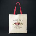 Blush & Burgundy Flowers Wedding Welcome Tote Bag<br><div class="desc">Welcome wedding tote bag with elegant fonts and a lovely flower bouquet with pink roses and burgundy hydrangeas. Add your names and wedding date.</div>