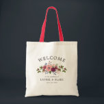 Blush & Burgundy Flowers Wedding Welcome Tote Bag<br><div class="desc">Welcome wedding tote bag with elegant fonts and a lovely flower bouquet with pink roses and burgundy hydrangeas. Add your names and wedding date.</div>