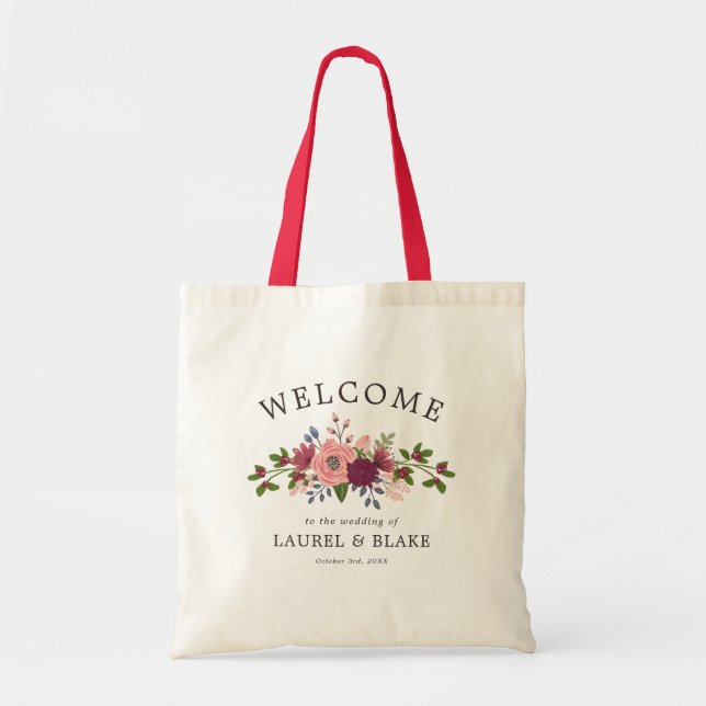 Blush & Burgundy Flowers Wedding Welcome Tote Bag (Front)