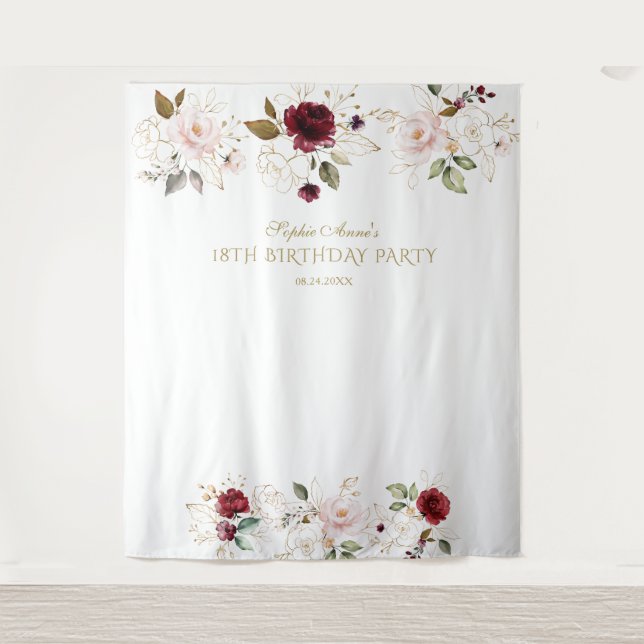 Blush Burgundy Gold Floral 18 Birthday Photo Prop Tapestry (Front)