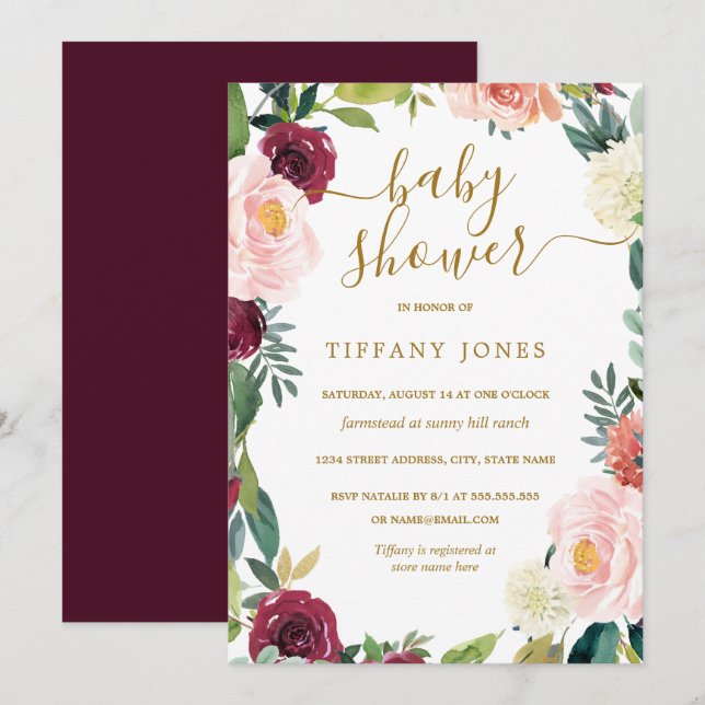 Blush Burgundy Gold Floral Baby Shower Invite (Front/Back)