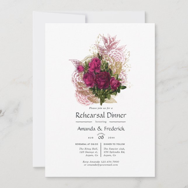 Blush Burgundy Gold Shabby Floral Rehearsal Dinner Invitation (Front)