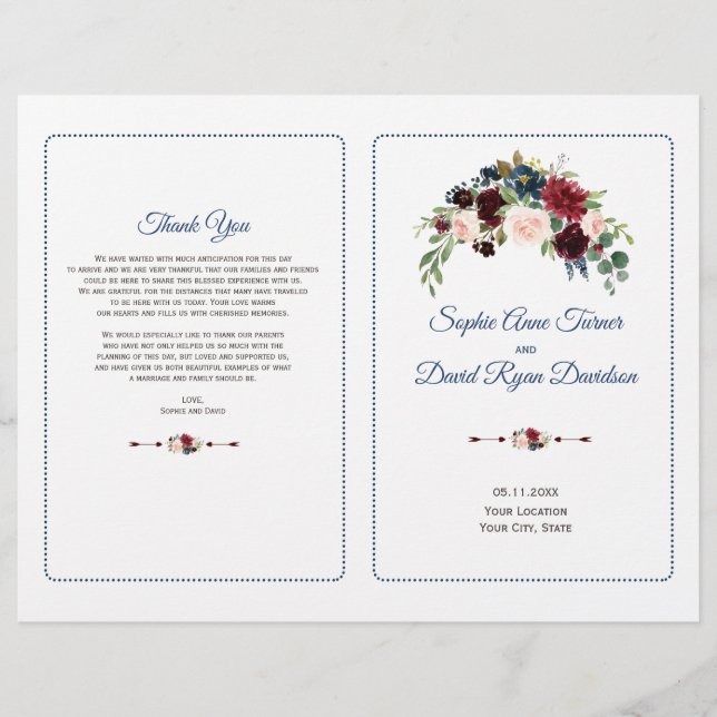 Blush Burgundy Marsala Floral Wedding Program (Front)