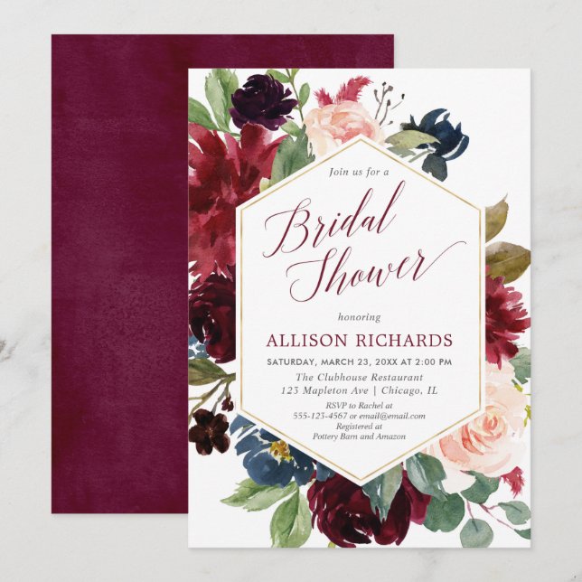 Blush burgundy navy blue floral bridal shower invitation (Front/Back)