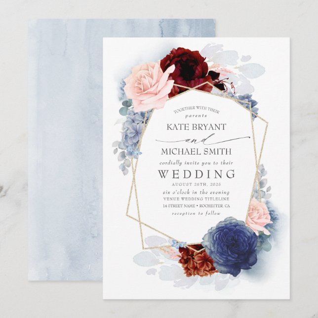 Blush Burgundy Navy Blue Floral Faire-part de mari (Devant / Derrière)