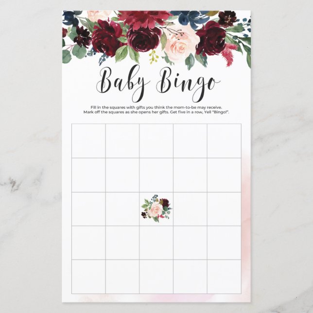 Blush Burgundy navy floral baby shower bingo game (Front)