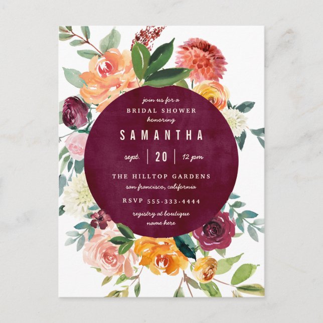 Blush & Burgundy Peonies Roses Bridal Shower Invitation Postcard (Front)
