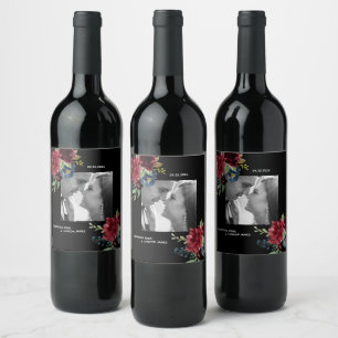 Blush Burgundy Photo Floral Elegant Watercolor Wine Label