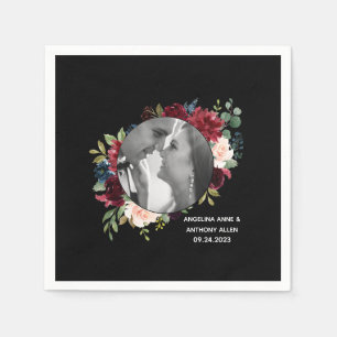 Blush Burgundy Photo Floral Modern Wedding Napkin