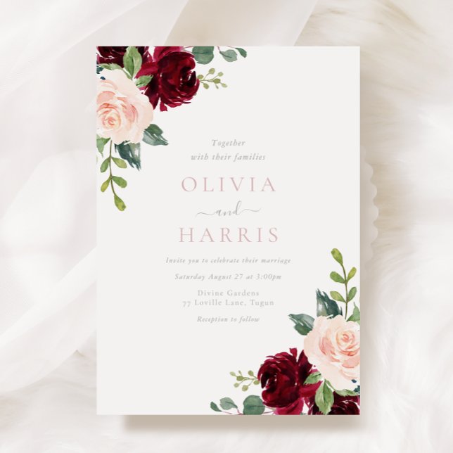 Blush & Burgundy Red Floral Elegance Wedding Invitation (Creator Uploaded)