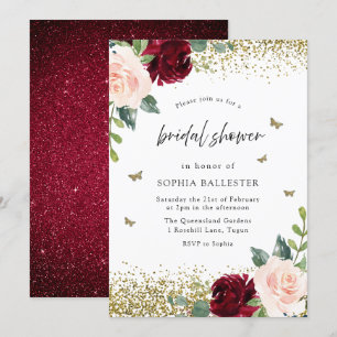 Blush & Burgundy Red Flowers Bridal Shower Invitation