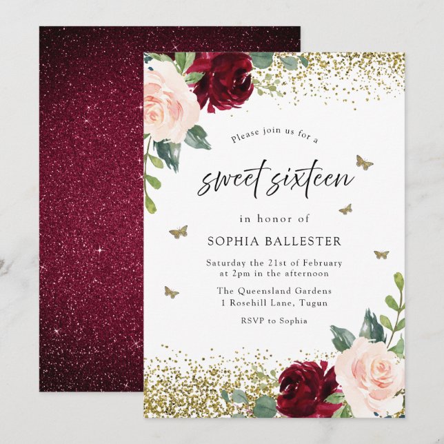Blush & Burgundy Red Flowers Sweet 16 Party Invitation (Front/Back)