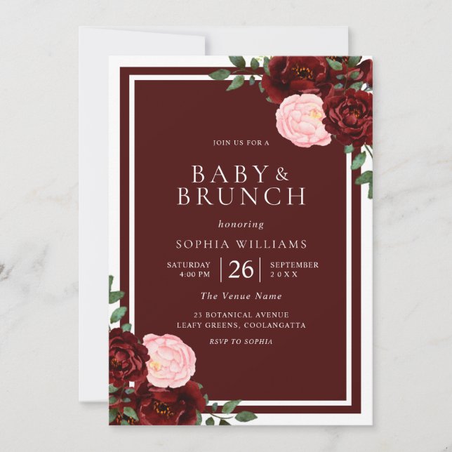 Blush & Burgundy Red Roses Baby Shower Brunch Invitation (Front)