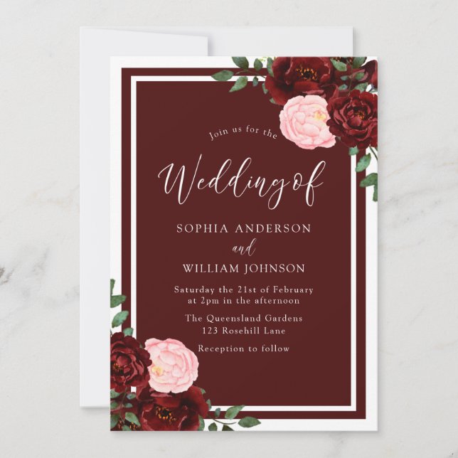 Blush & Burgundy Red Roses Elegant Wedding Invitation (Front)