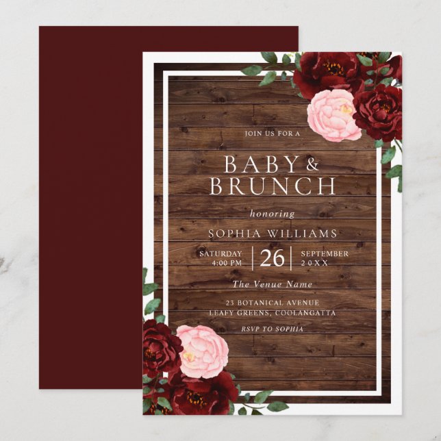 Blush & Burgundy Red Roses Rustic Wood Baby Shower Invitation (Front/Back)