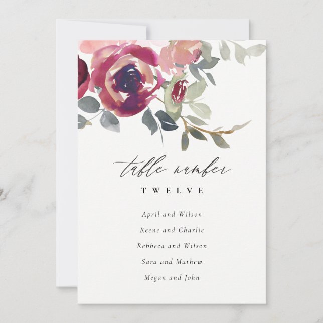 Blush Burgundy Rose Flora Seating Chart Table Card (Front)