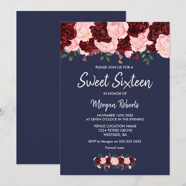 Blush Burgundy Rose Navy Blue Sweet 16 Invite (Front/Back)