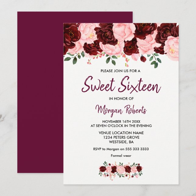 Blush Burgundy Rose Sweet 16 Script Invite (Front/Back)