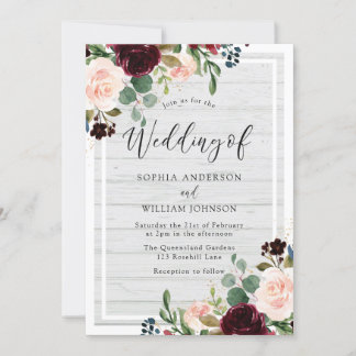 Blush & Burgundy Rustic White Wood Floral Wedding Invitation