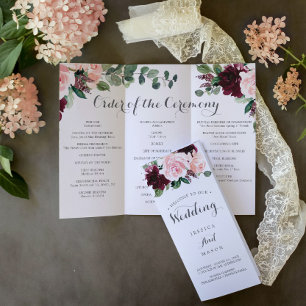Blush Burgundy Tri-Fold Wedding Program Memory